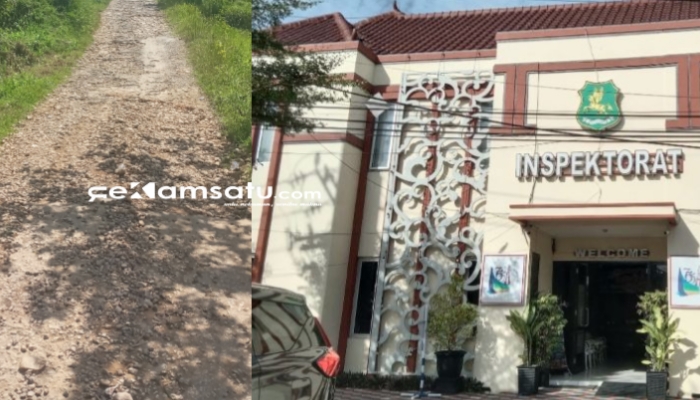 RUSAK: Potret salah satu jalan di Desa Lebeng Timur rusak dan potret gedung kantor Inspektorat Sumenep (dok. Istimewa/Redaksi Rekam Satu)