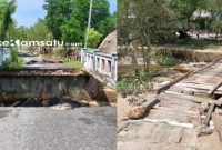 RUSAK : Kondisi jembatan yang ambruk dan jembatan darurat di Desa Bringsang, Kecamatan Giligenting (dok: istimewa/Redaksi Rekam Satu)