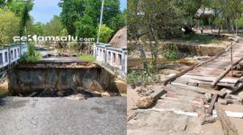 RUSAK : Kondisi jembatan yang ambruk dan jembatan darurat di Desa Bringsang, Kecamatan Giligenting (dok: istimewa/Redaksi Rekam Satu)