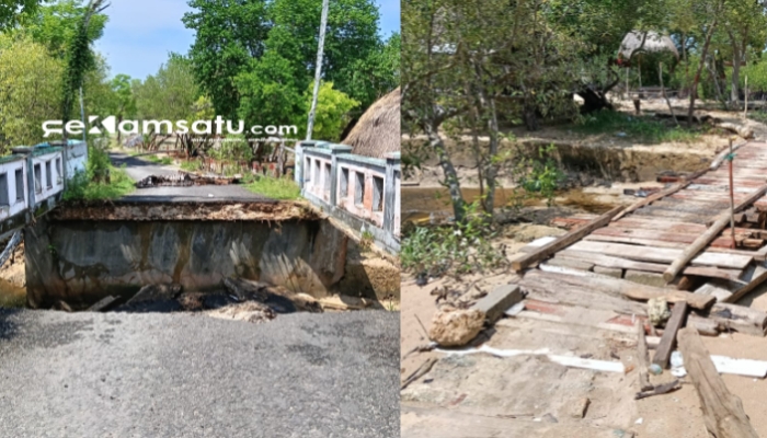 RUSAK : Kondisi jembatan yang ambruk dan jembatan darurat di Desa Bringsang, Kecamatan Giligenting (dok: istimewa/Redaksi Rekam Satu)